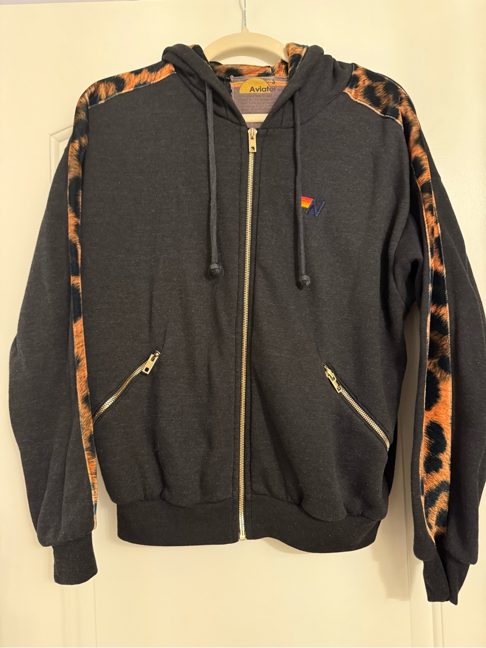 Aviator Nation CHEETAH STRIPE RELAXED ZIP HOODIE WITH POCKETS - BLACK // CHEETAH